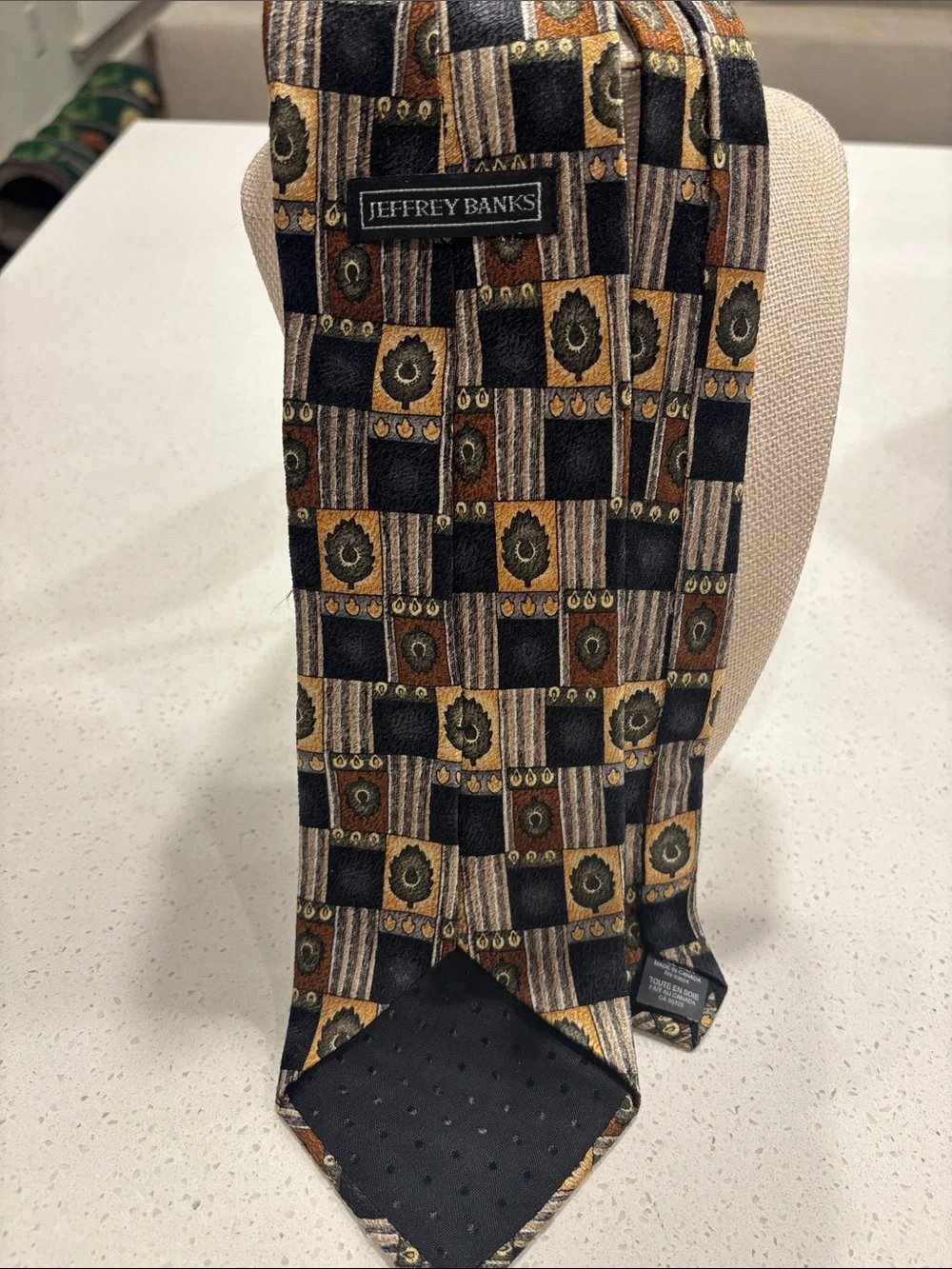Jeffrey Banks Geometric Pattern Silk Tie in Black, Gold & Brown